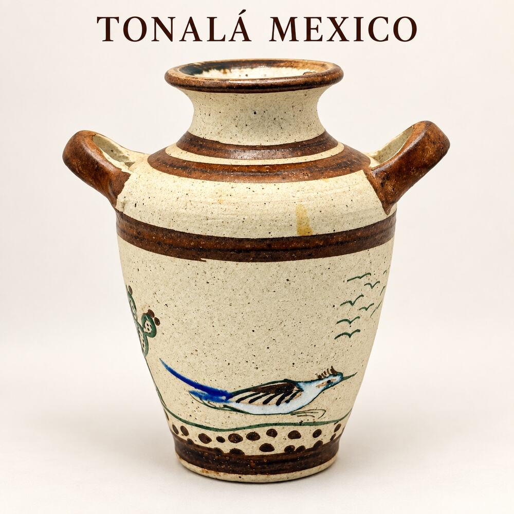Vintage Tonala Mexico Pottery Bird Cactus Double Handle Vase Signed 5” Folk Art